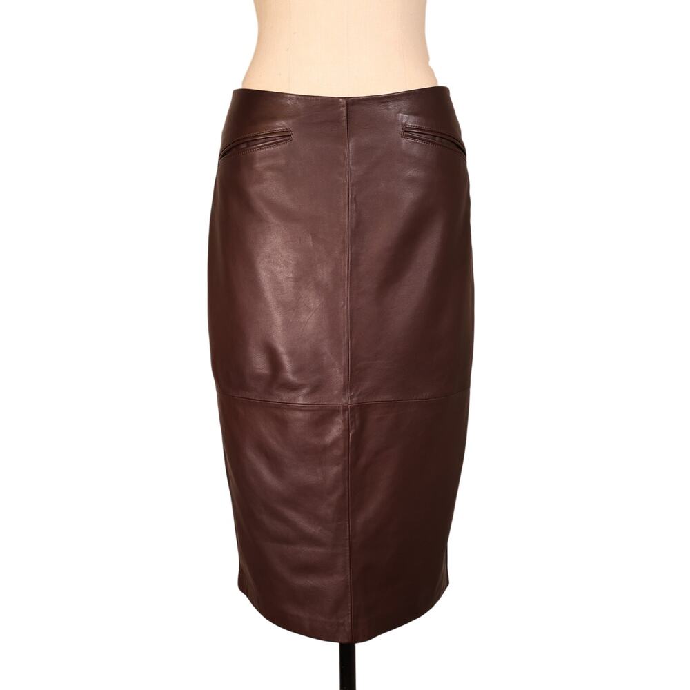 Rouje Paris Fiona Leather Pencil Midi Skirt in Chocolate Brown Burgundy